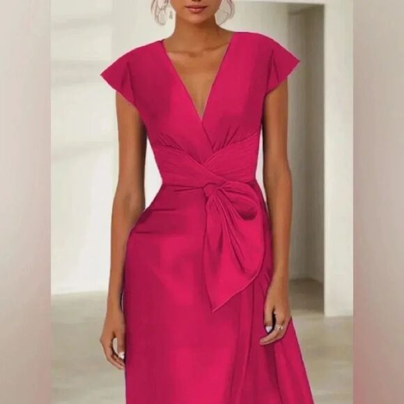 NWT FEHAUTE rose red pink Cap Sleeve v neck Satin A-Line Maxi wrap Dress sz 10 - Picture 2 of 13